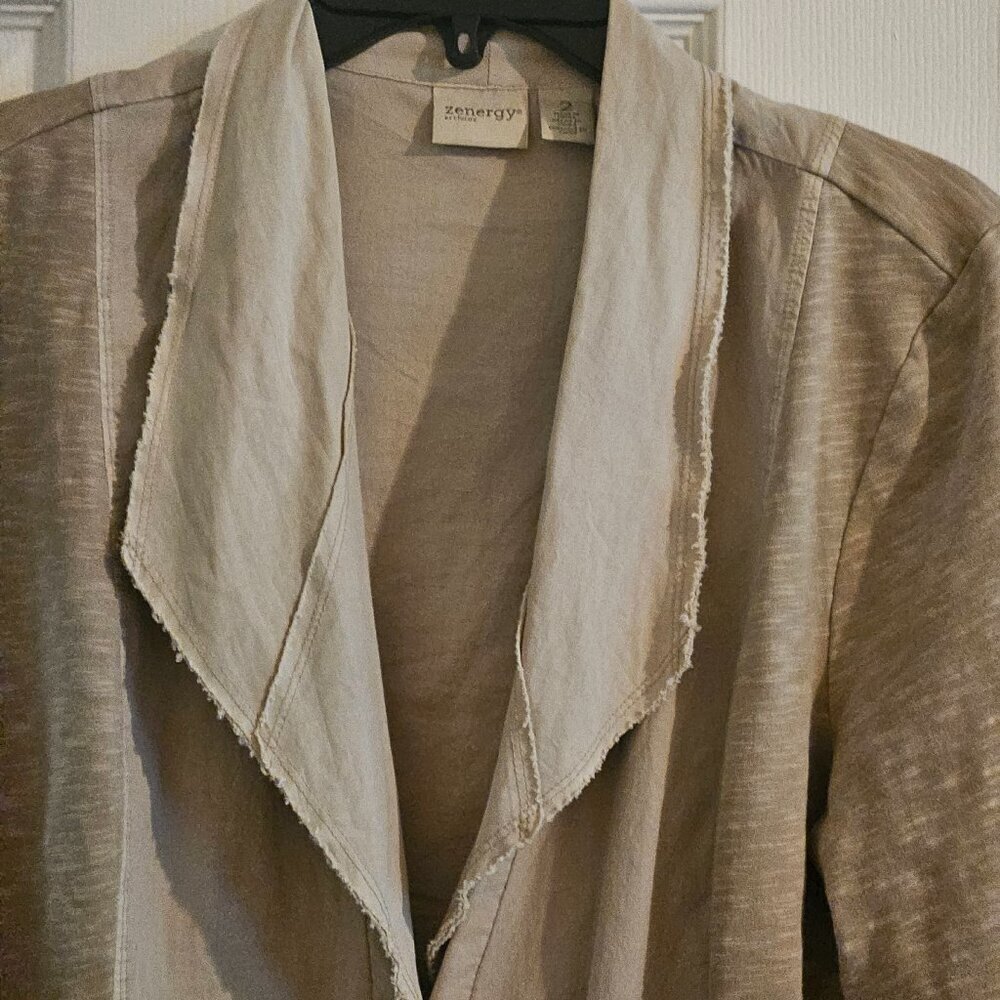 Zenergy Chico's Oatmeal stretch Minamalist Beige 3/4 Sleeve cotton crop Jacket L - Picture 5 of 7